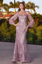 Vintage Mermaid Gown: Long Sleeves, Off Shoulder, Bodice Embellished with Sequin & Flowers-smcdress