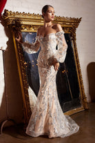 Vintage Mermaid Gown: Long Sleeves, Off Shoulder, Bodice Embellished with Sequin & Flowers-smcdress