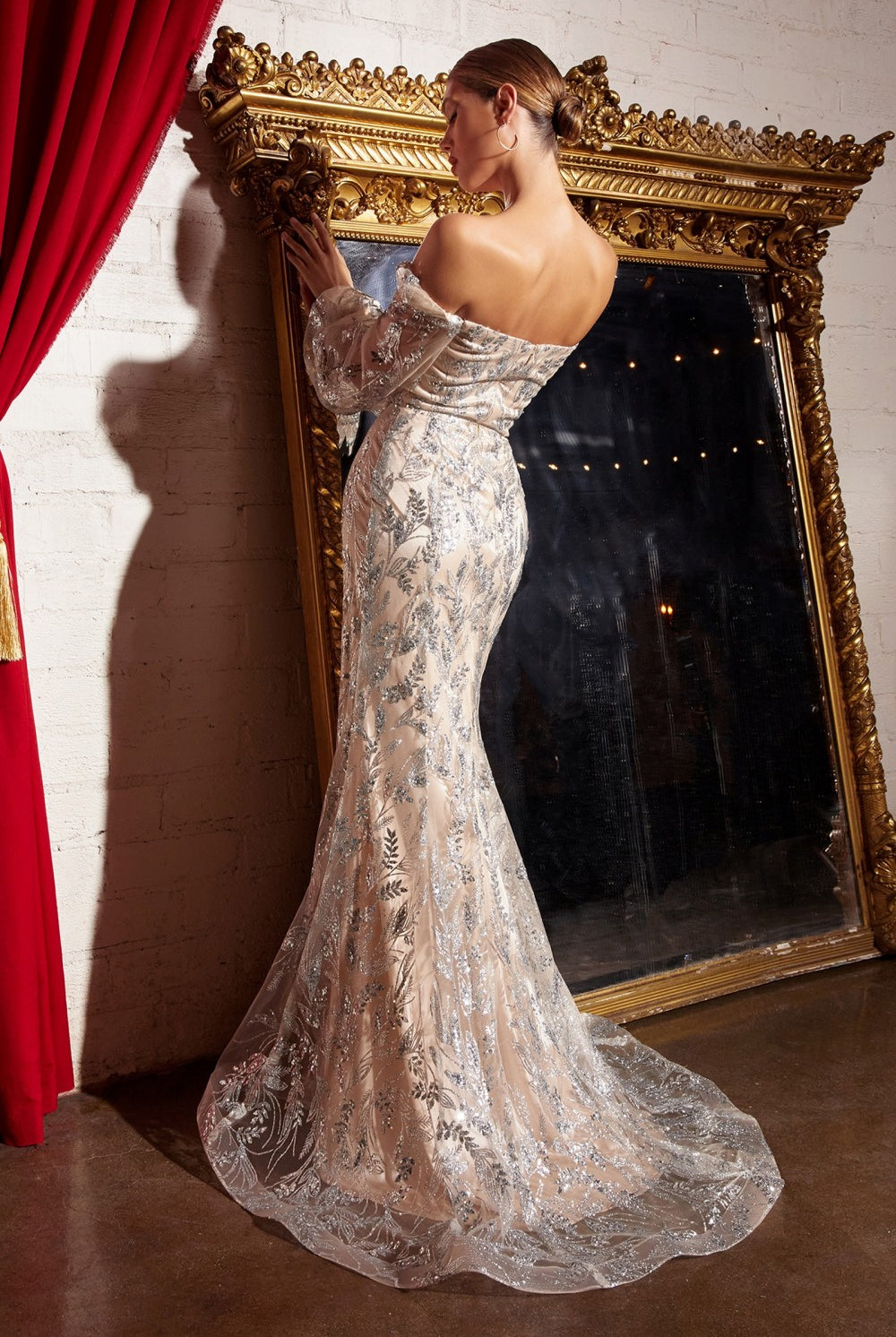Elegant gown with long sleeves, off-shoulder bodice embellished with sequins and flowers-smcdress
