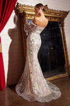 Elegant gown with long sleeves, off-shoulder bodice embellished with sequins and flowers-smcdress