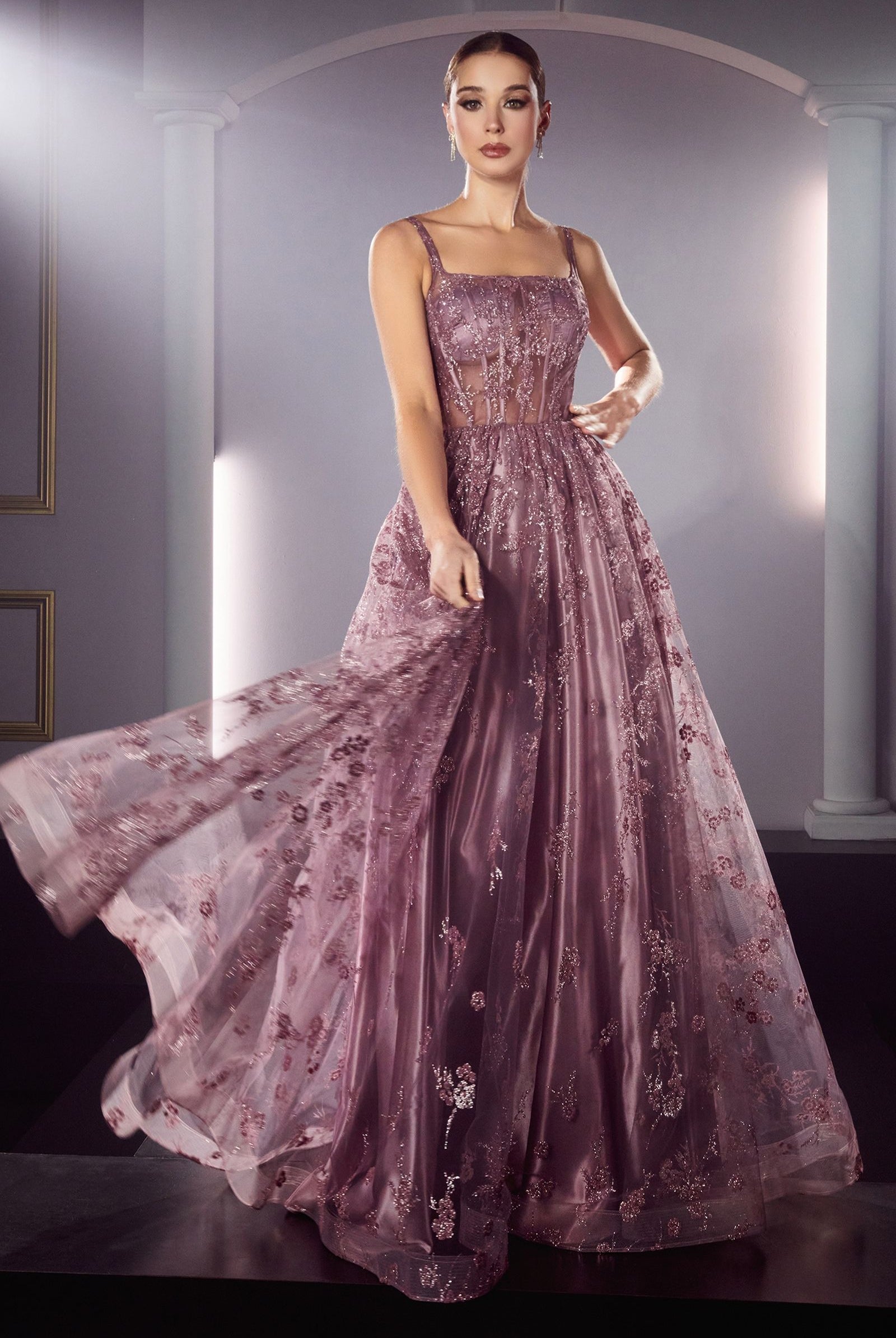 Glitter Print A-Line Dress w/ Sequined Applique, Open Back, & Sequin Ballgown-smcdress
