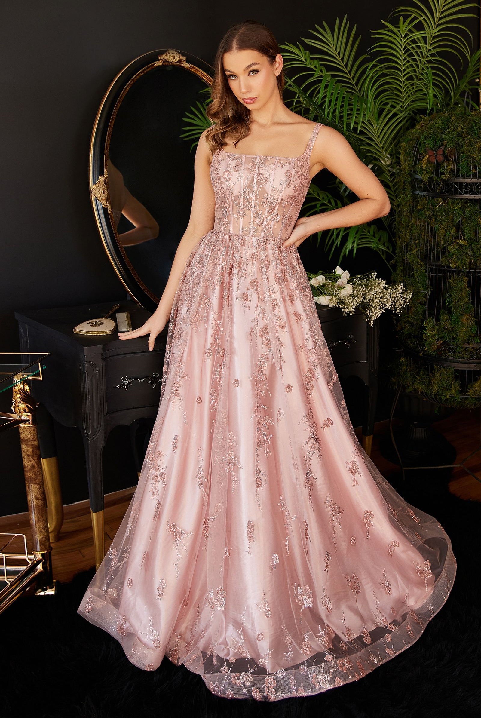 Glitter Print A-Line Dress w/ Sequined Applique, Open Back, & Sequin Ballgown-smcdress