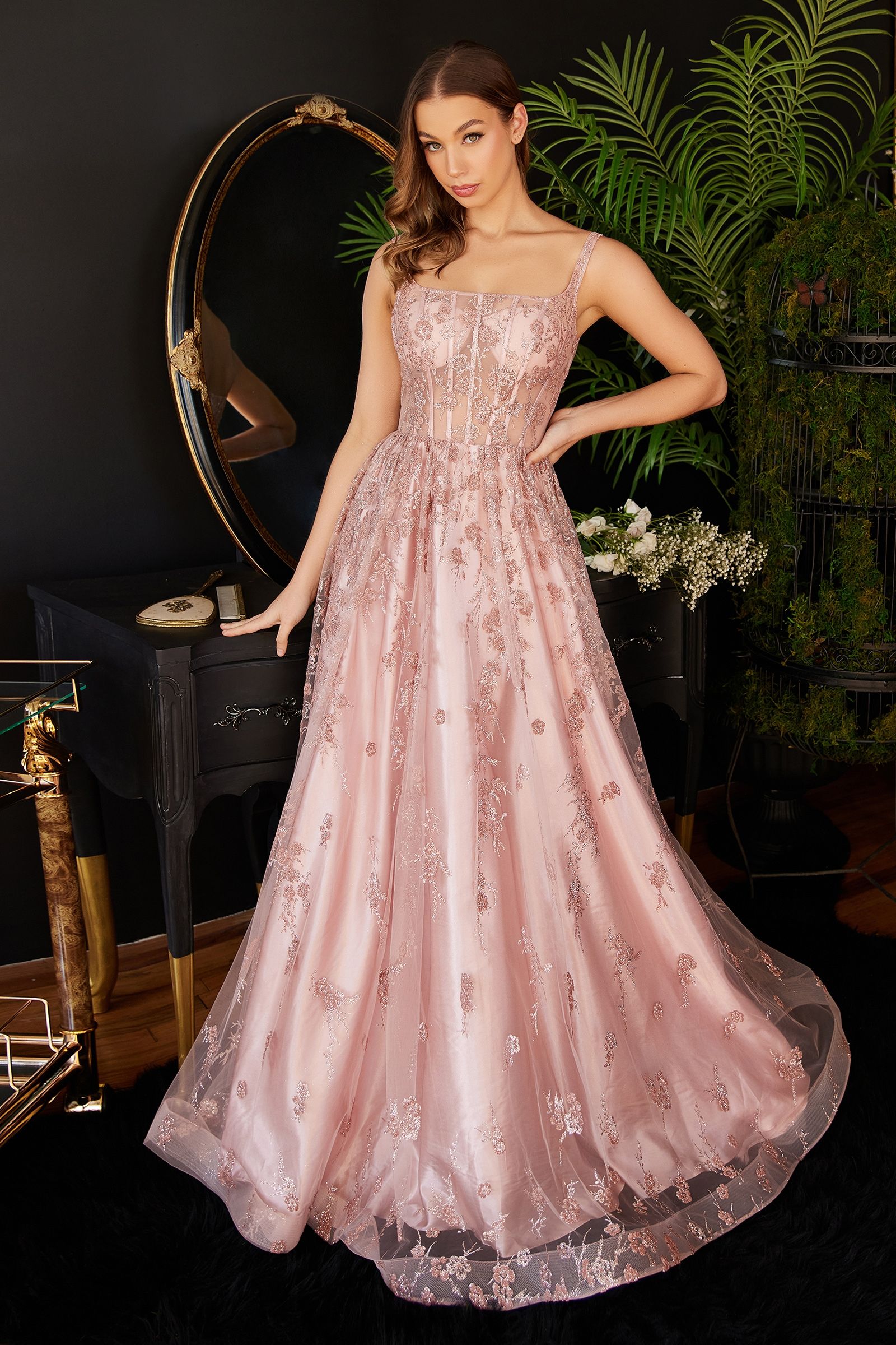 Glitter Print A-Line Dress w/ Sequined Applique, Open Back, & Sequin Ballgown-smcdress