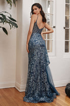 Gown featuring glitter print, fit and flare silhouette, peplum V-neck, pointy back. Perfect for special nights-smcdress