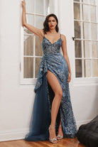 Gown featuring glitter print, fit and flare silhouette, peplum V-neck, pointy back. Perfect for special nights-smcdress