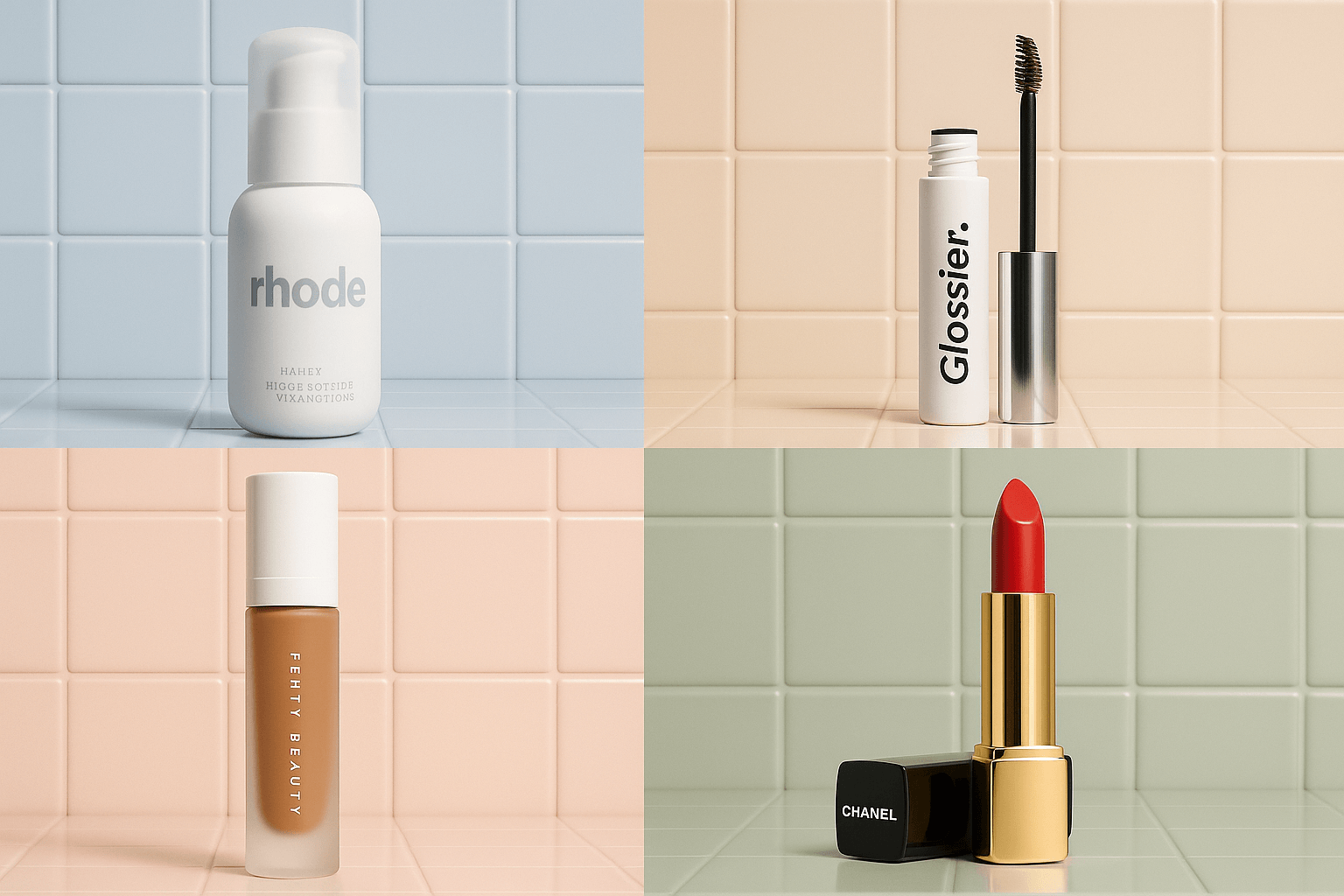 Flat lay of bestselling beauty products including brow pencil, bronzer, blush, and eyeliner on a pastel background, showcasing elegant packaging and product textures.