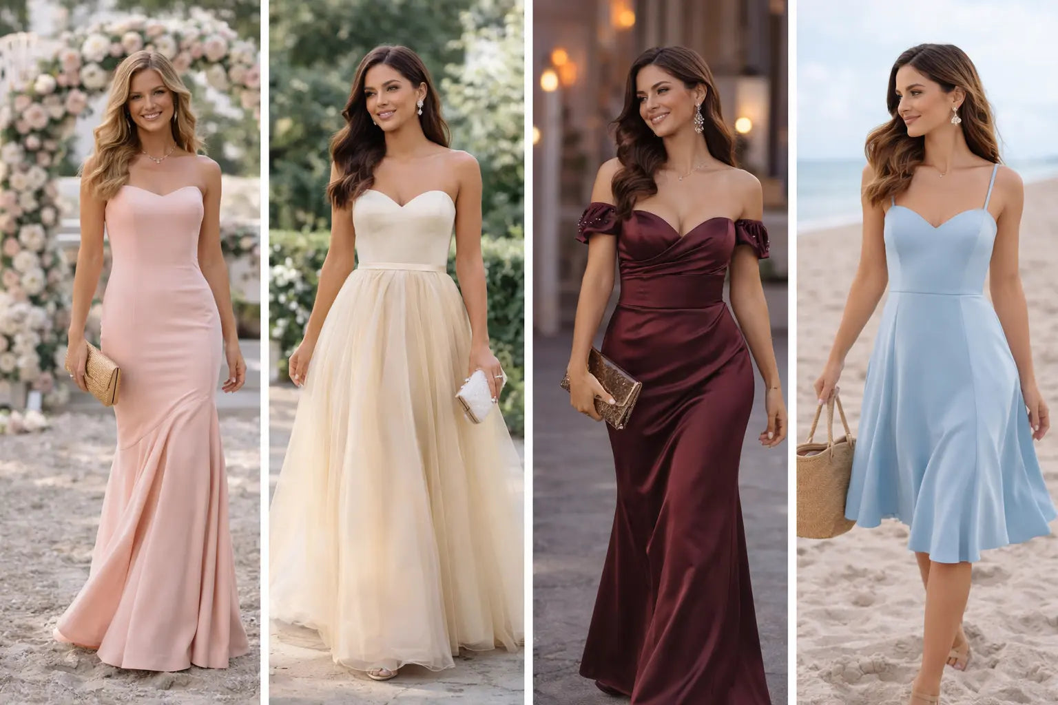 chic wedding guest outfits styled for outdoor ceremony with floral background