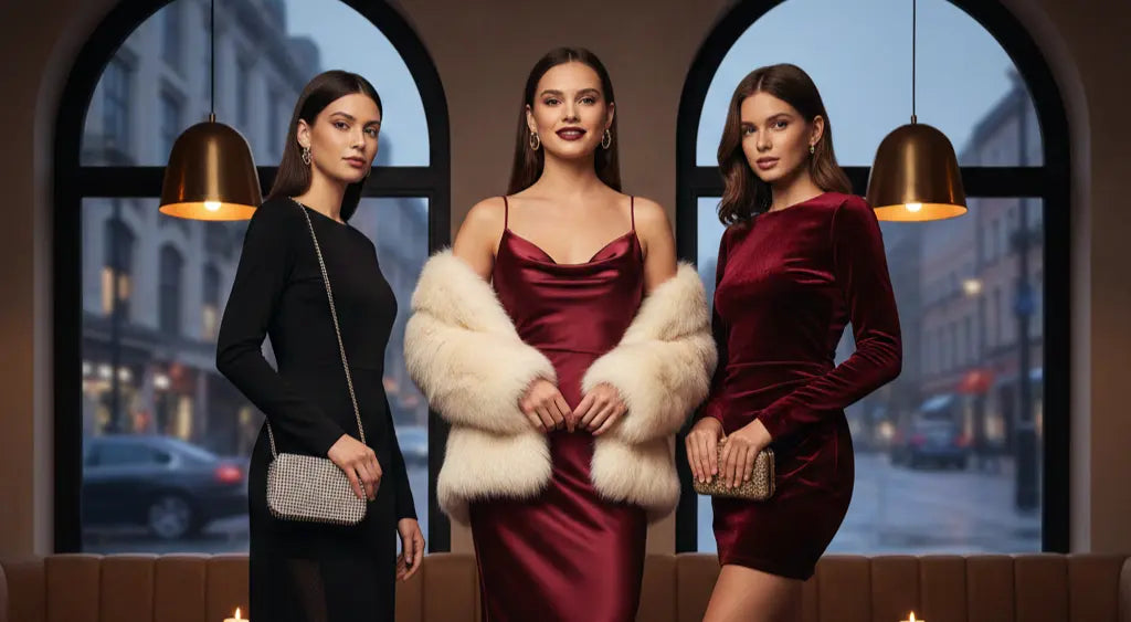Three women modeling 2026 Valentine’s Day dress trends, featuring a burgundy satin slip dress, a black mesh midi dress, and a wine-red velvet mini dress for smcdress.com.