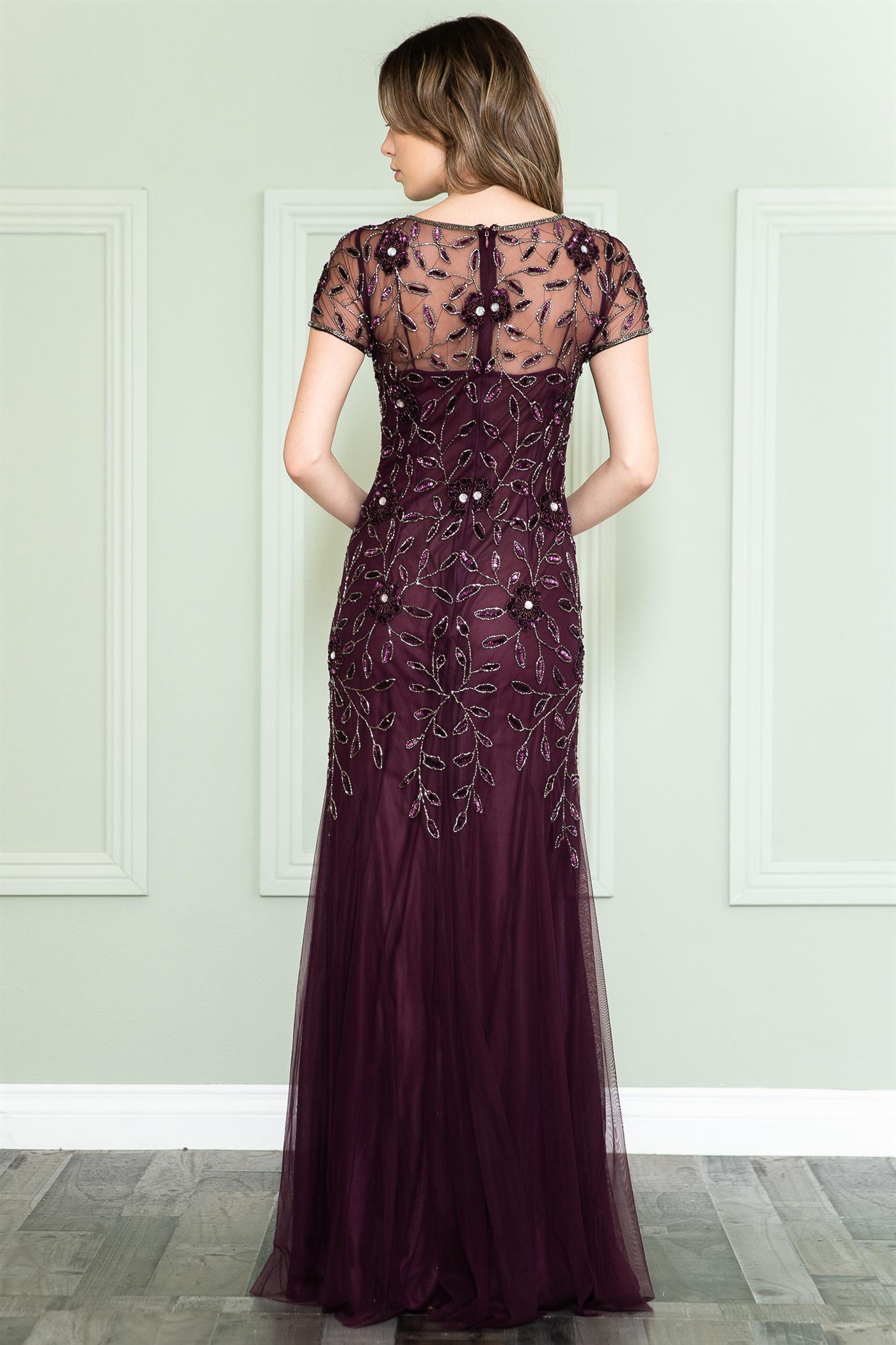 Embroidered Bodice Long Dress with Short Sleeves and Illusion Neckline-smcdress