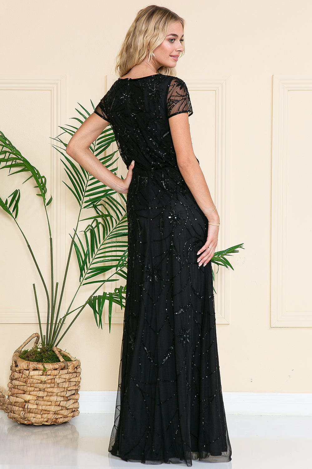 Glitter-Embellished Long MOB Dress w/Short Sleeves-smcdress
