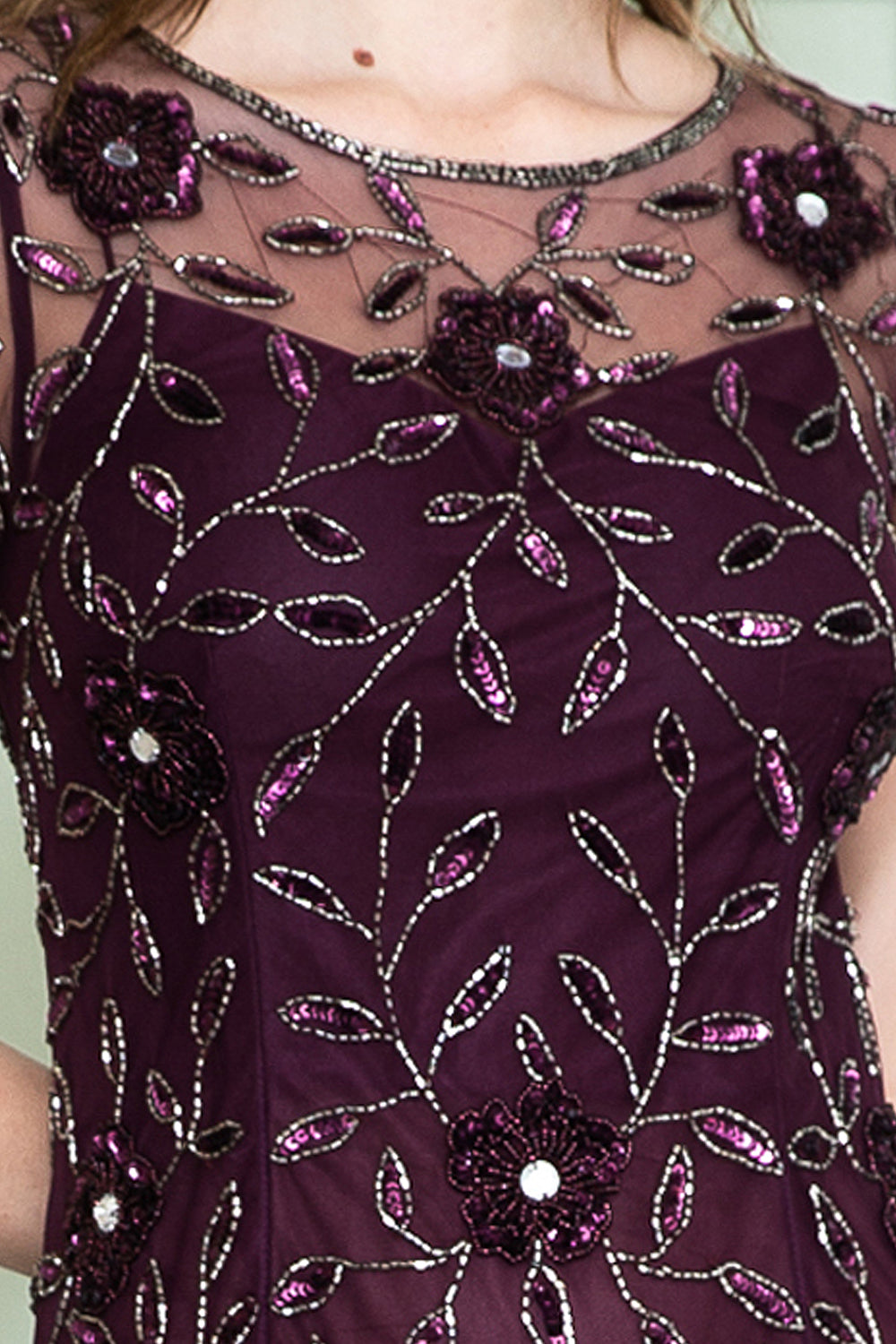 Embroidered Bodice Long Dress with Short Sleeves and Illusion Neckline-smcdress