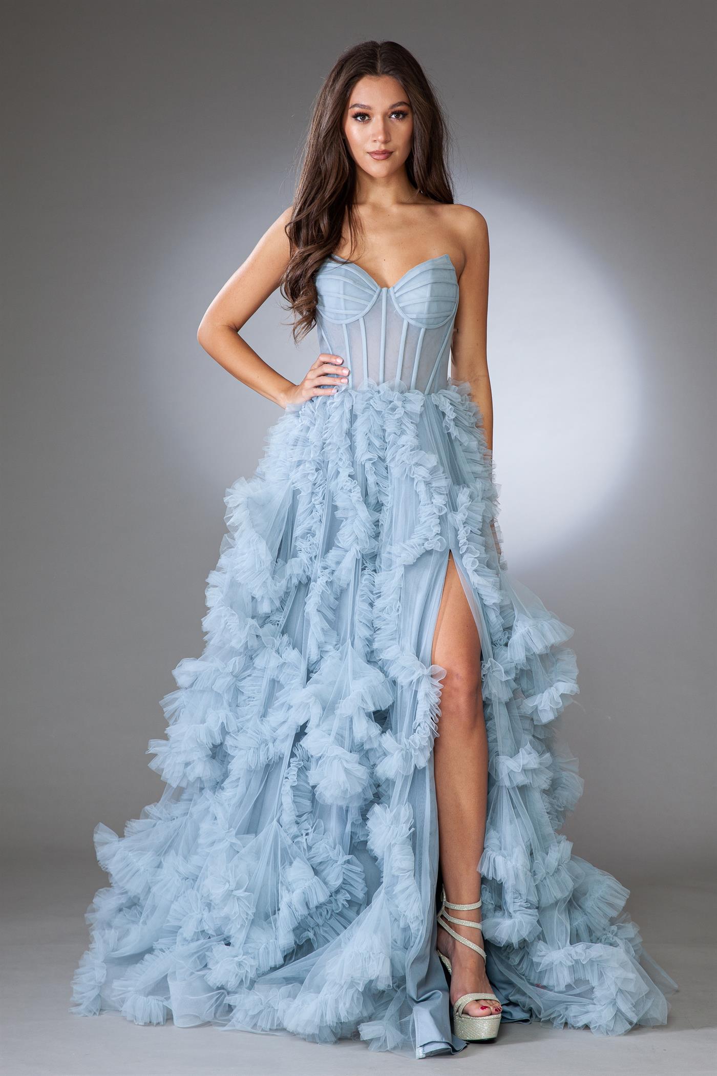 FORMAL STRAPLESS BALL GOWN W LAYERED RUFFLED SKIRT SWEETHEART NECK LEG SLIT