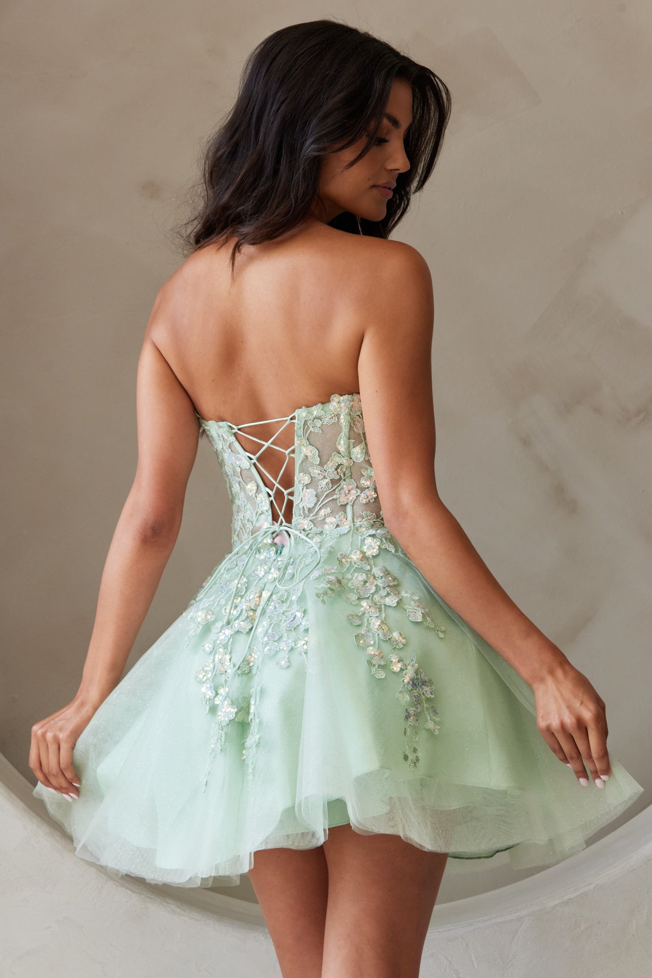 Mint Green Strapless Floral Tulle Mini Dress | Embroidered Corset Homecoming Dress