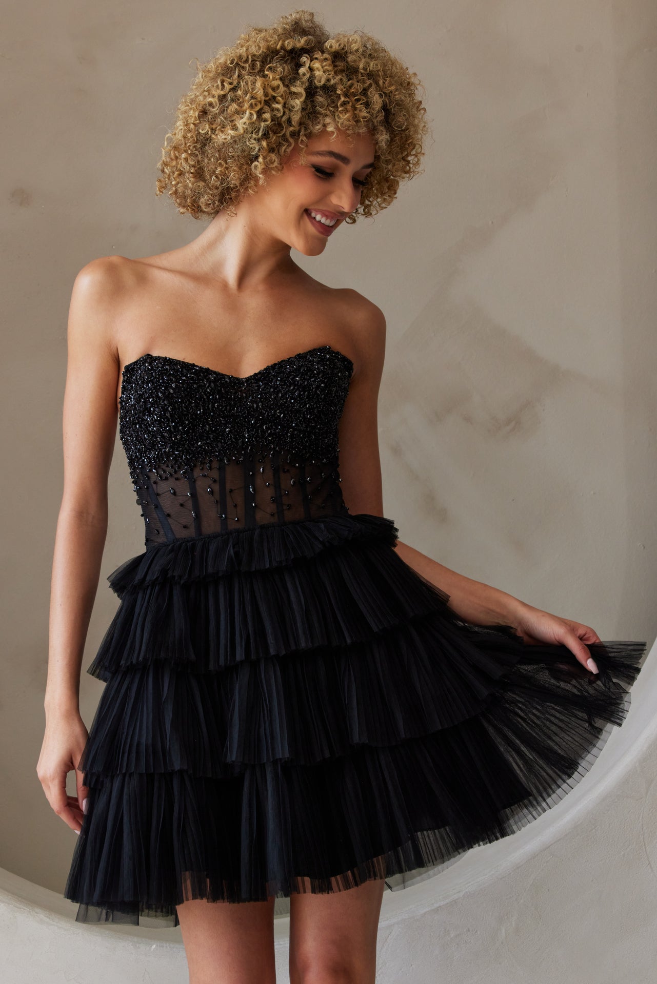 Strapless Red Tiered Tulle Mini Dress | Beaded Sparkly
