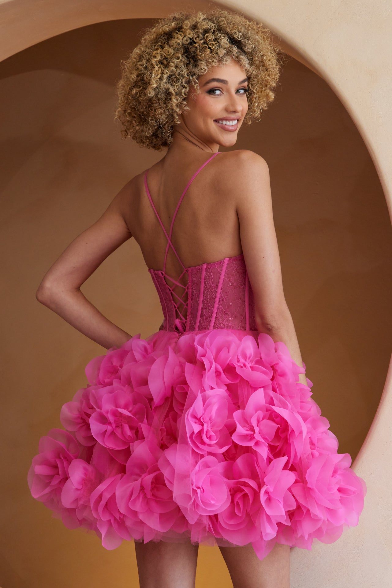 Hot Pink 3D Floral Rosette Mini Dress with Corset Bodice
