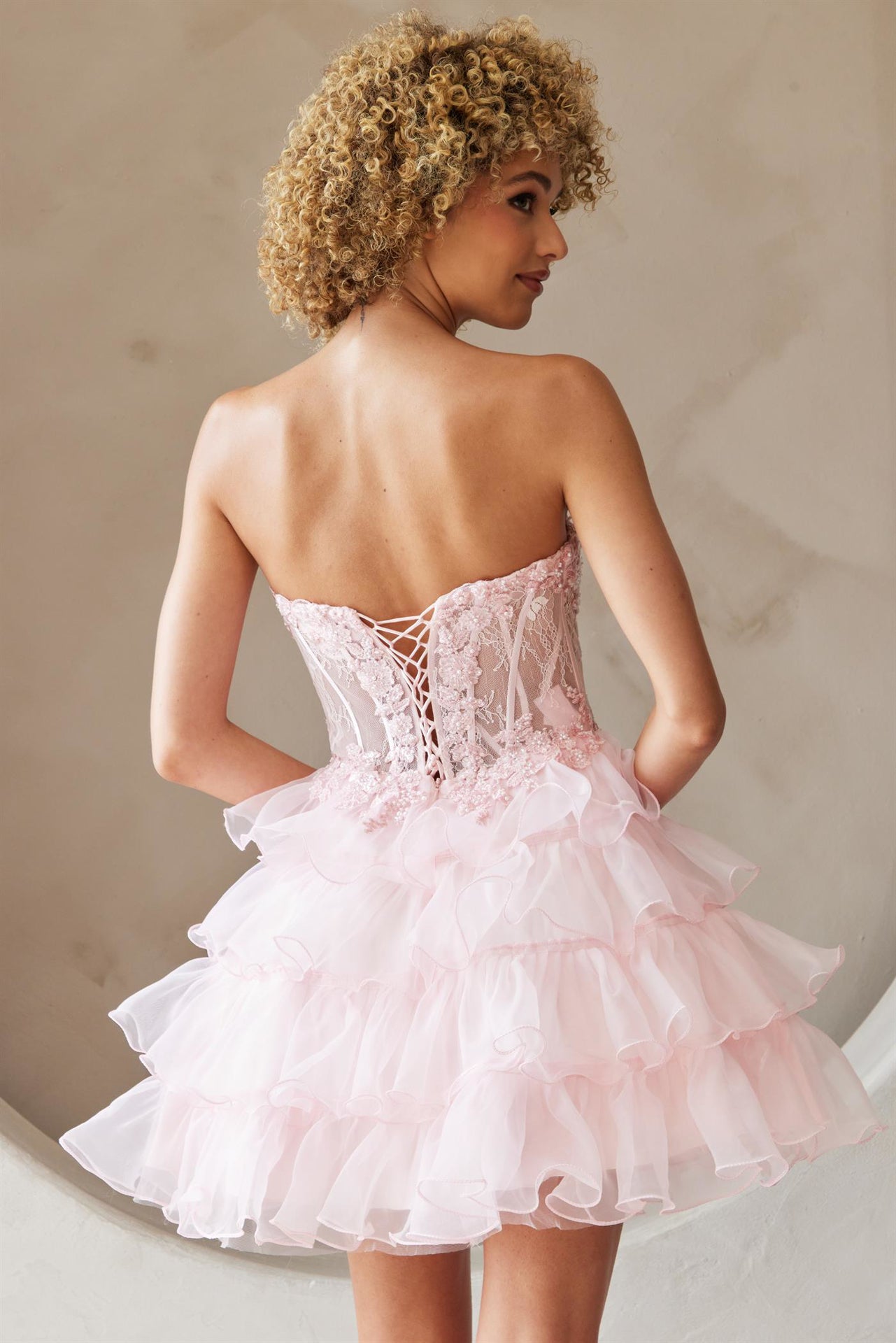 Pink Strapless Tiered Ruffle Corset Mini Dress