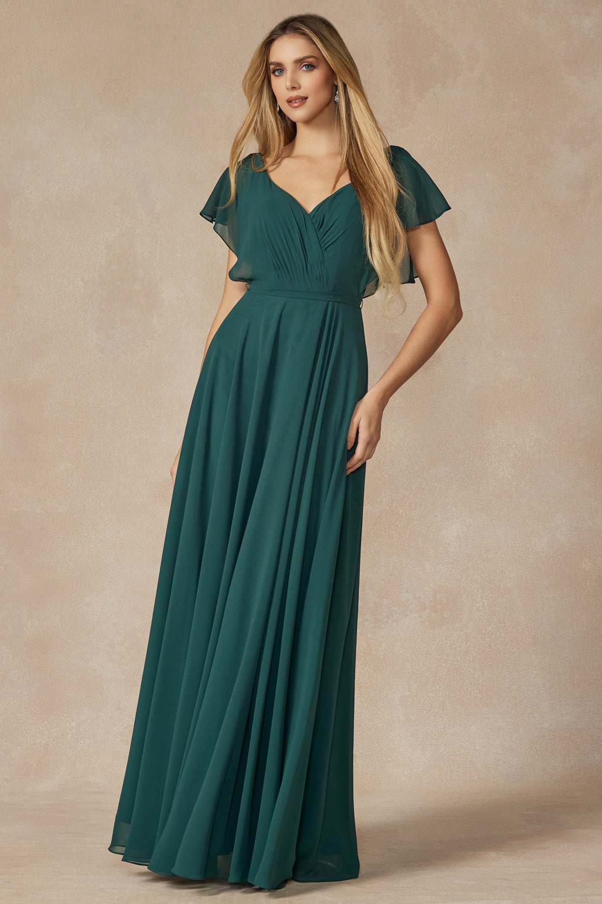 Flutter Sleeves Cascade Back Chiffon Long Bridesmaid Dress | SMCDress Flutter Sleeves Cascade Back Chiffon Long Bridesmaid Dress | SMCDress