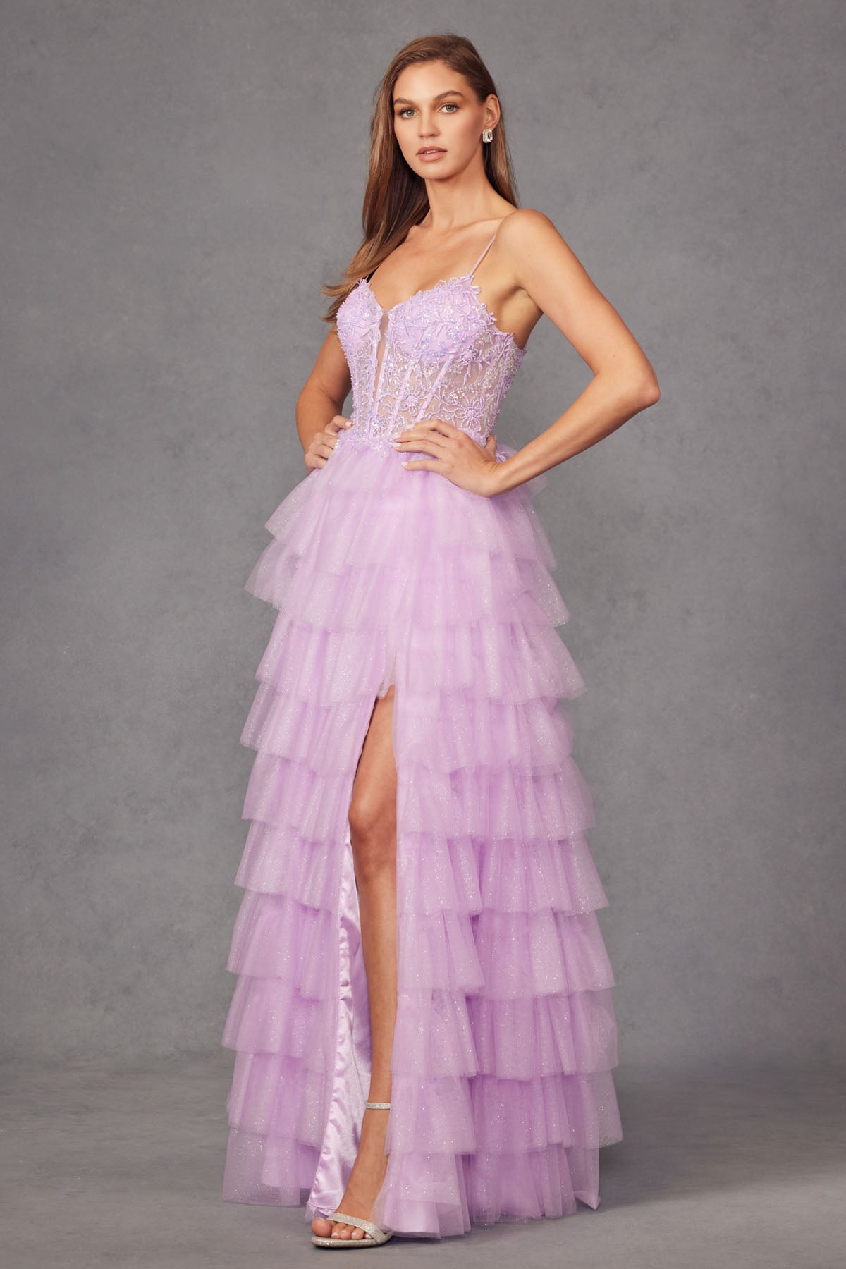 Ruffle Tulle Deep Lace Corset Bodice Lace Up Long Prom Dress