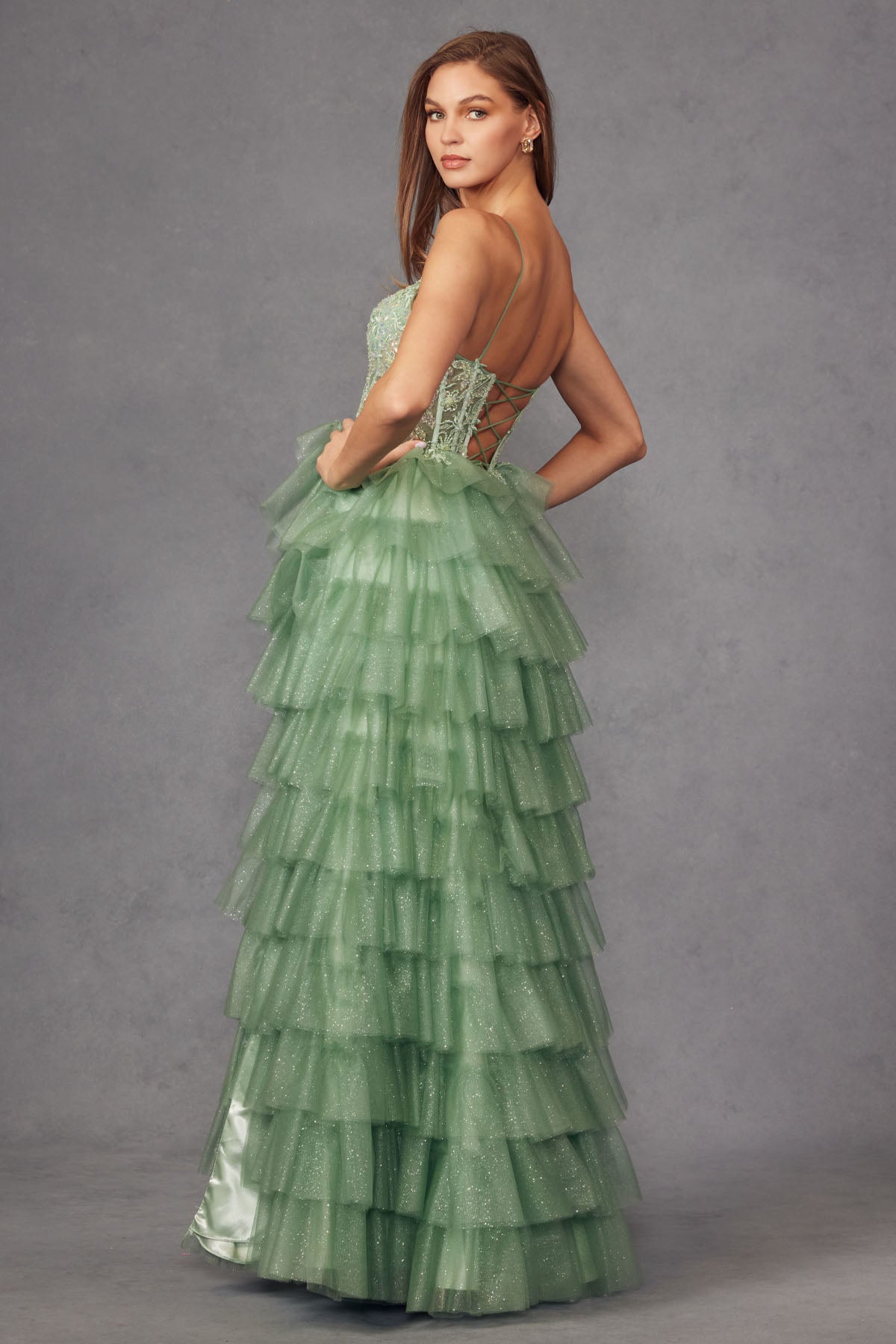 Ruffle Tulle Deep Lace Corset Bodice Lace Up Long Prom Dress
