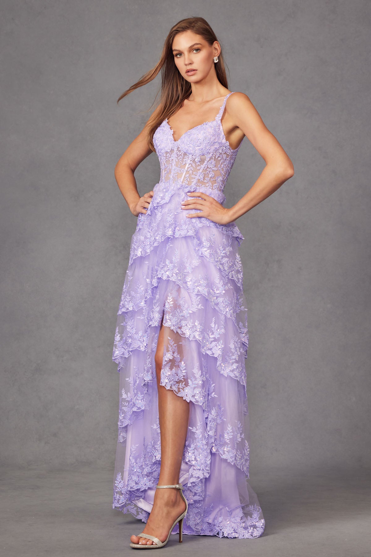 Tulle Lace Sequin Ruffle Skirt High Slit Long Prom Dress