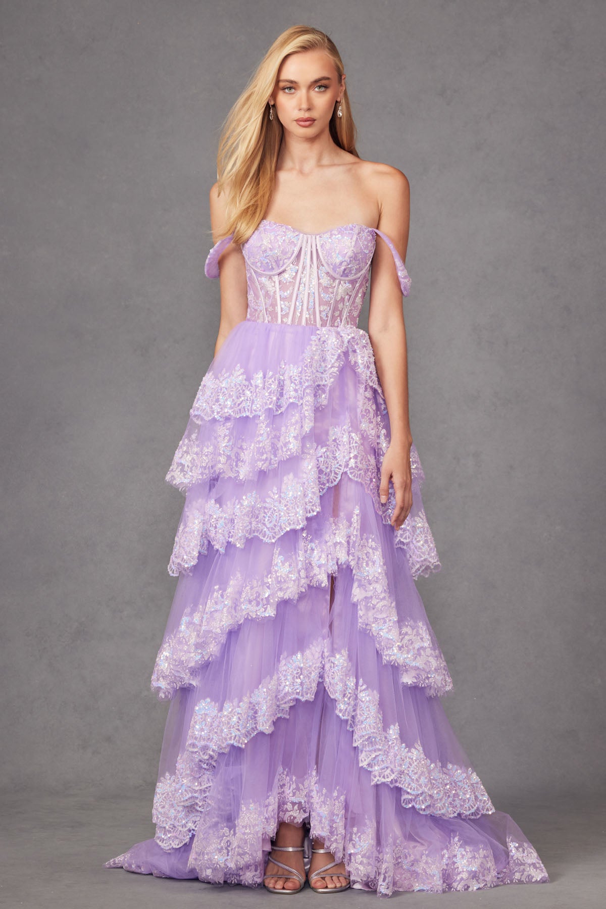 Ruffle Tulle LAce Sequin Off Shoulder Corset Bodice Long
