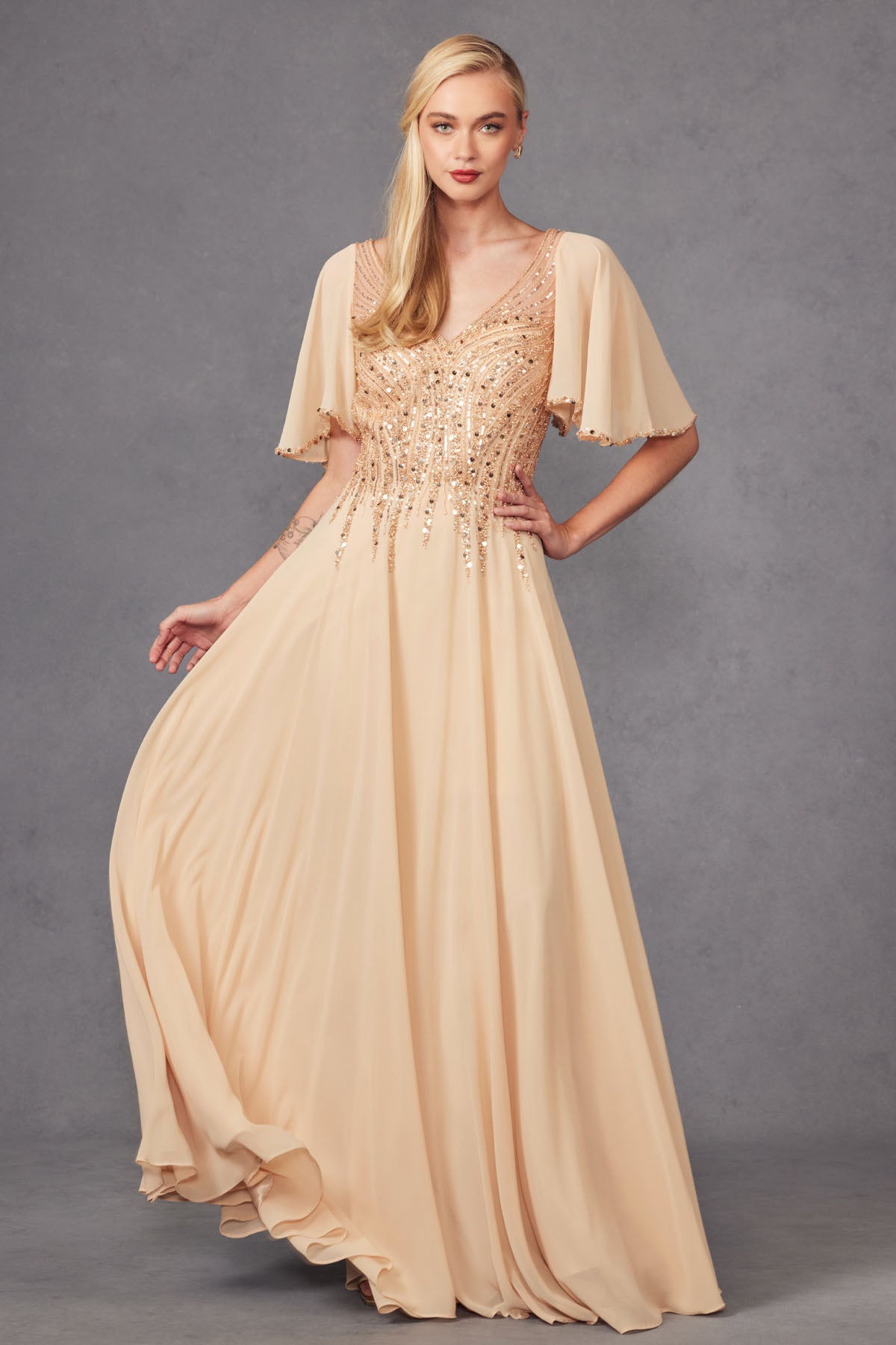 Navy Blue Sequin Bodice Chiffon Gown | Flutter Sleeve A-Line Evening Dress