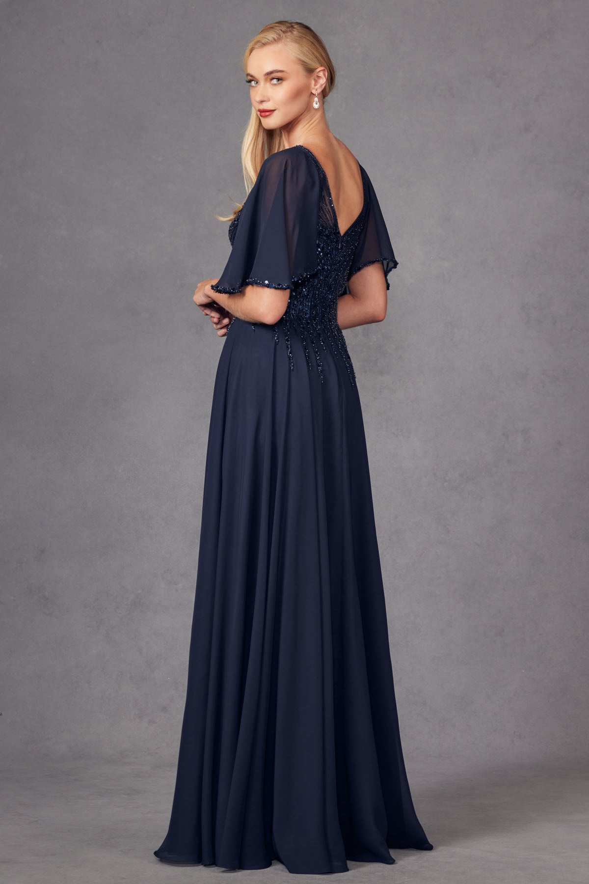 Navy Blue Sequin Bodice Chiffon Gown | Flutter Sleeve A-Line Evening Dress