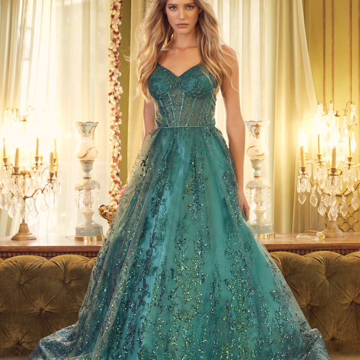 Glitter Corset Bodysuit A-Line V-Neck Tulle Skirt Long Prom Dress ...