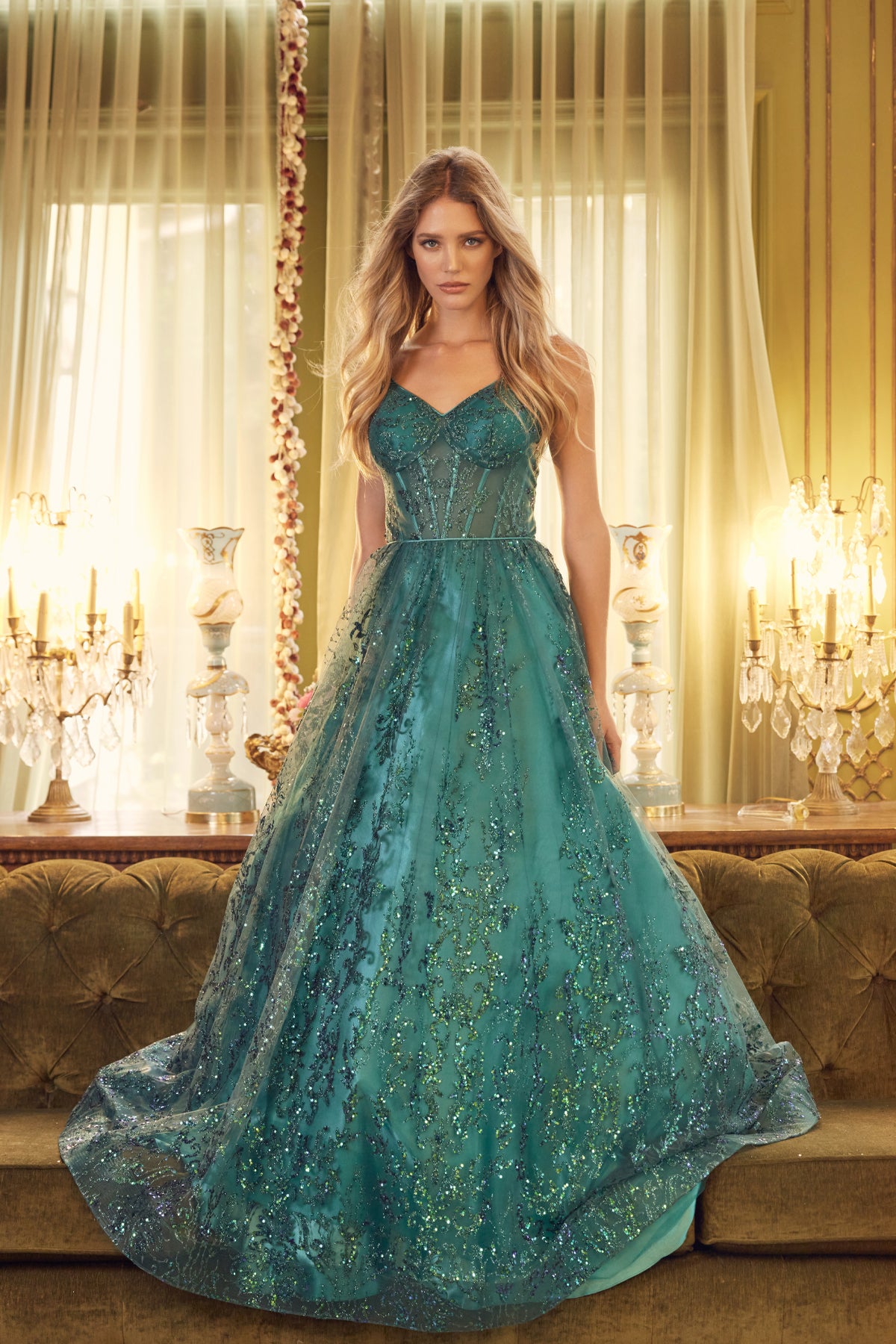 Glitter Corset Bodysuit A-Line V-Neck Tulle Skirt Long Prom Dress