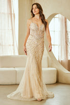 Champagne Long Prom Dress – Beaded A-Line Evening Gown