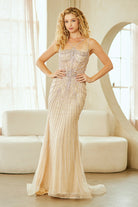 Champagne Long Prom Dress – Beaded A-Line Evening Gown