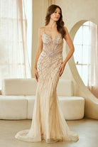 Champagne Long Prom Dress – Beaded A-Line Evening Gown