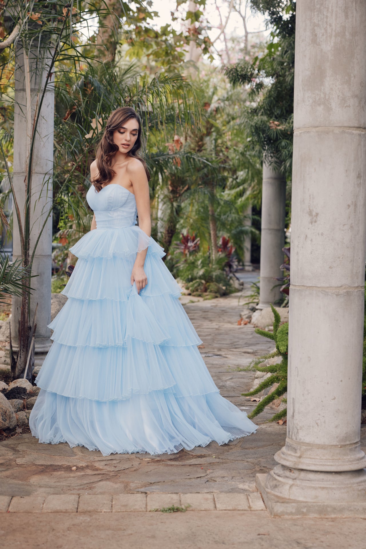 strapless ball dress BABARONI Stretch Satin Sky Blue Prom Dresses Sheath/Column Sleeveless Appliqued Sequins With Slit Floral, Sky Blue / US0 In standard size and plus size Stacees Strapless Bridal Wedding Dress