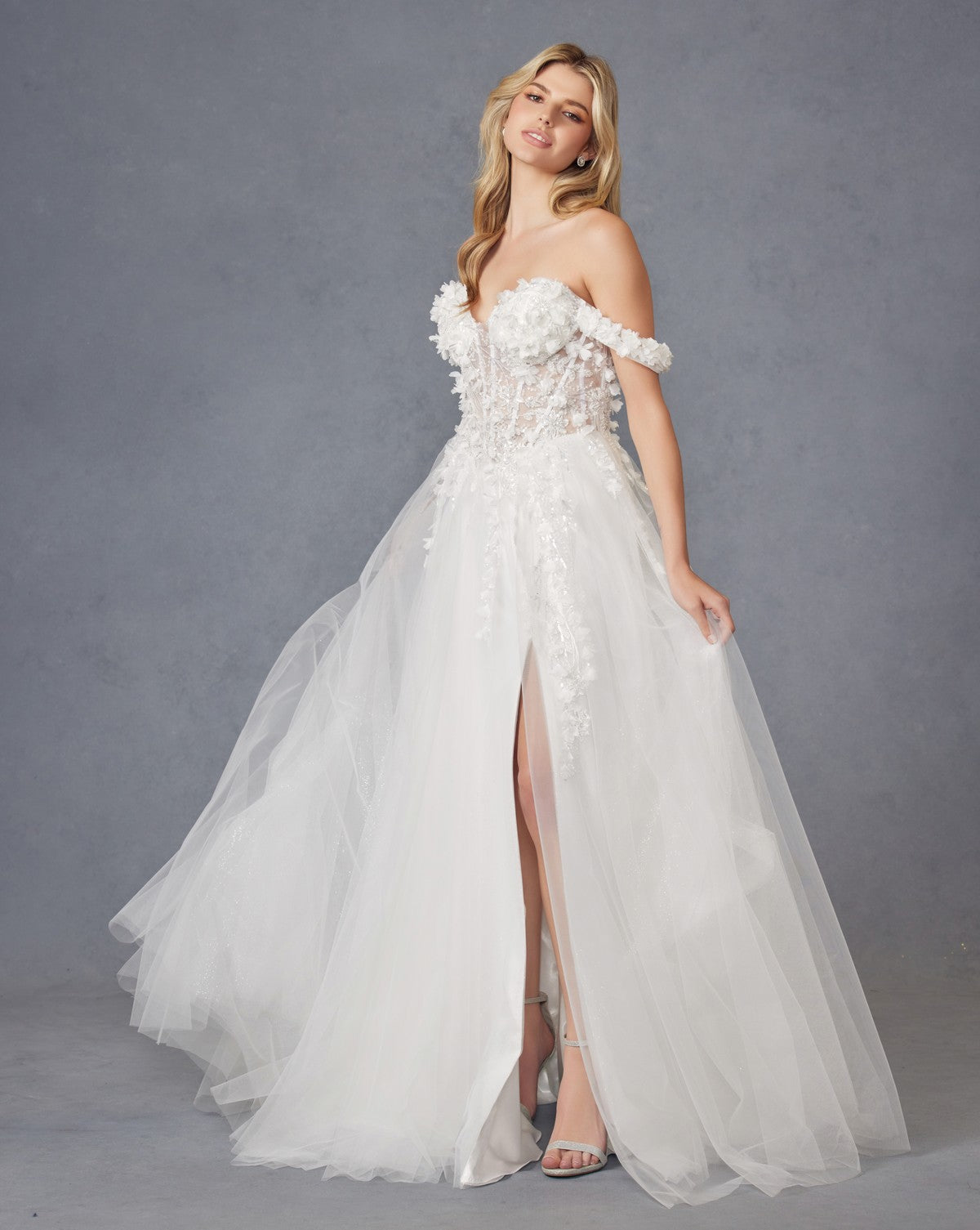 3D Floral Off Shoulder Sweetheart Sheer Bodice Long Wedding