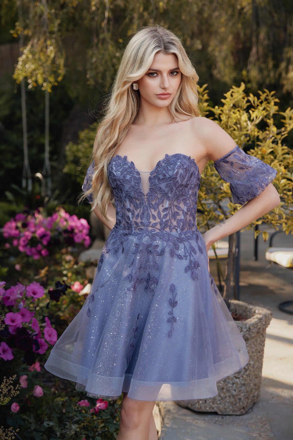 Leaf Embroidered Detachable Sleeves Short Cocktail Dress