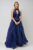 Alluring Halter Formal Gown JTRuffled long gown with halter neckline JT2560S - Juliet Evening Dress JTRuffled long gown with halter neckline JT2560S