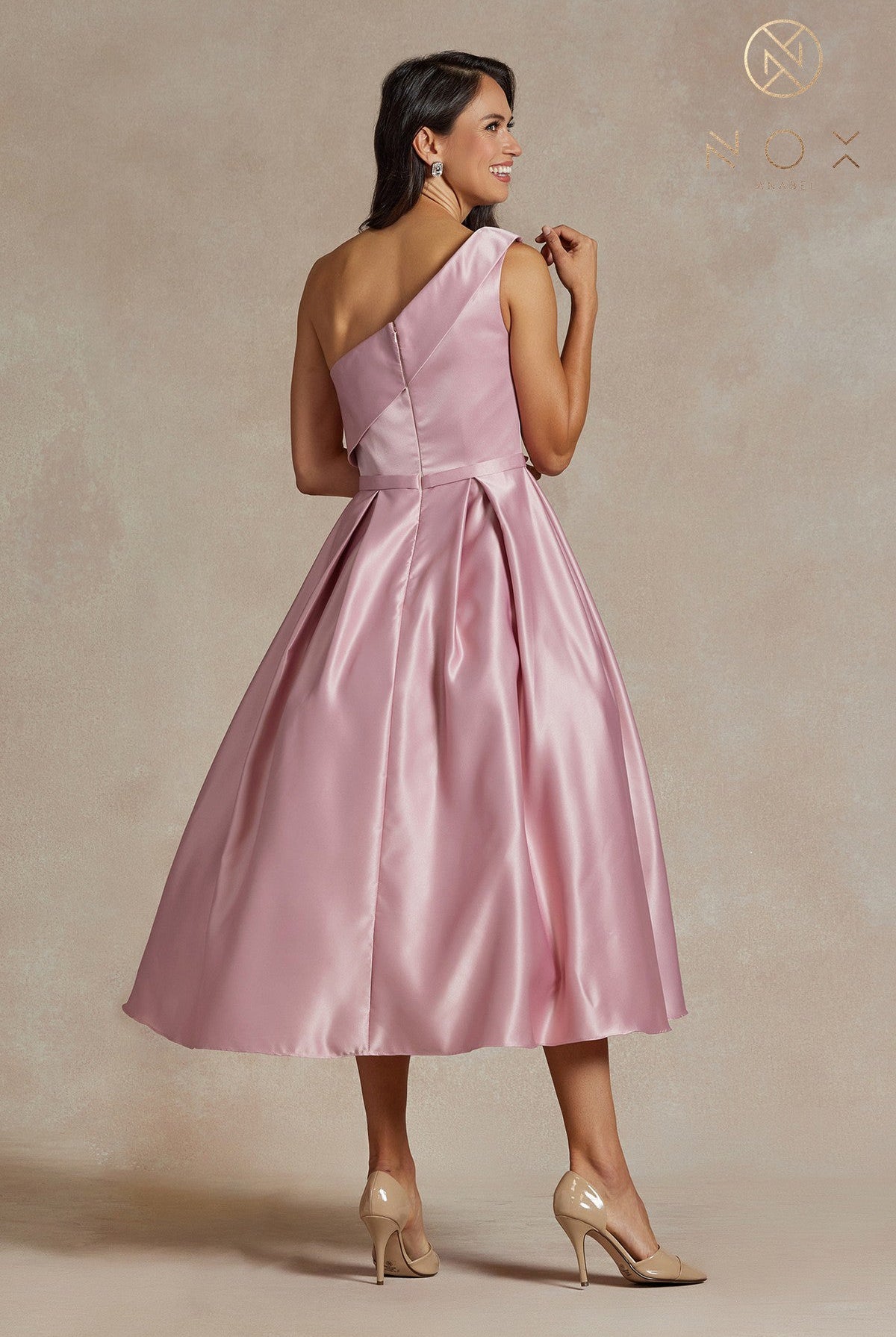 One-Shoulder Satin Midi Dress with Open Back-smcdress