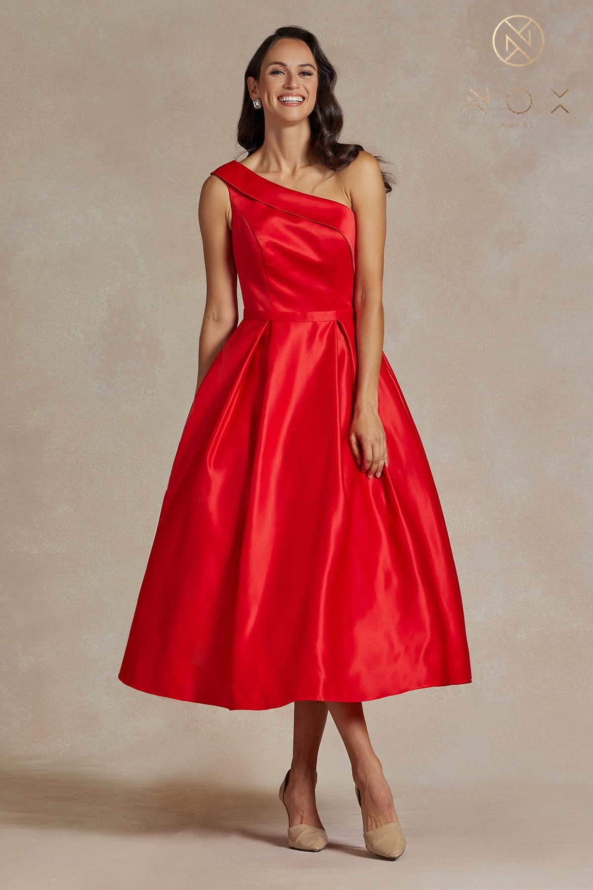 One-Shoulder Satin Midi Dress with Open Back-smcdress