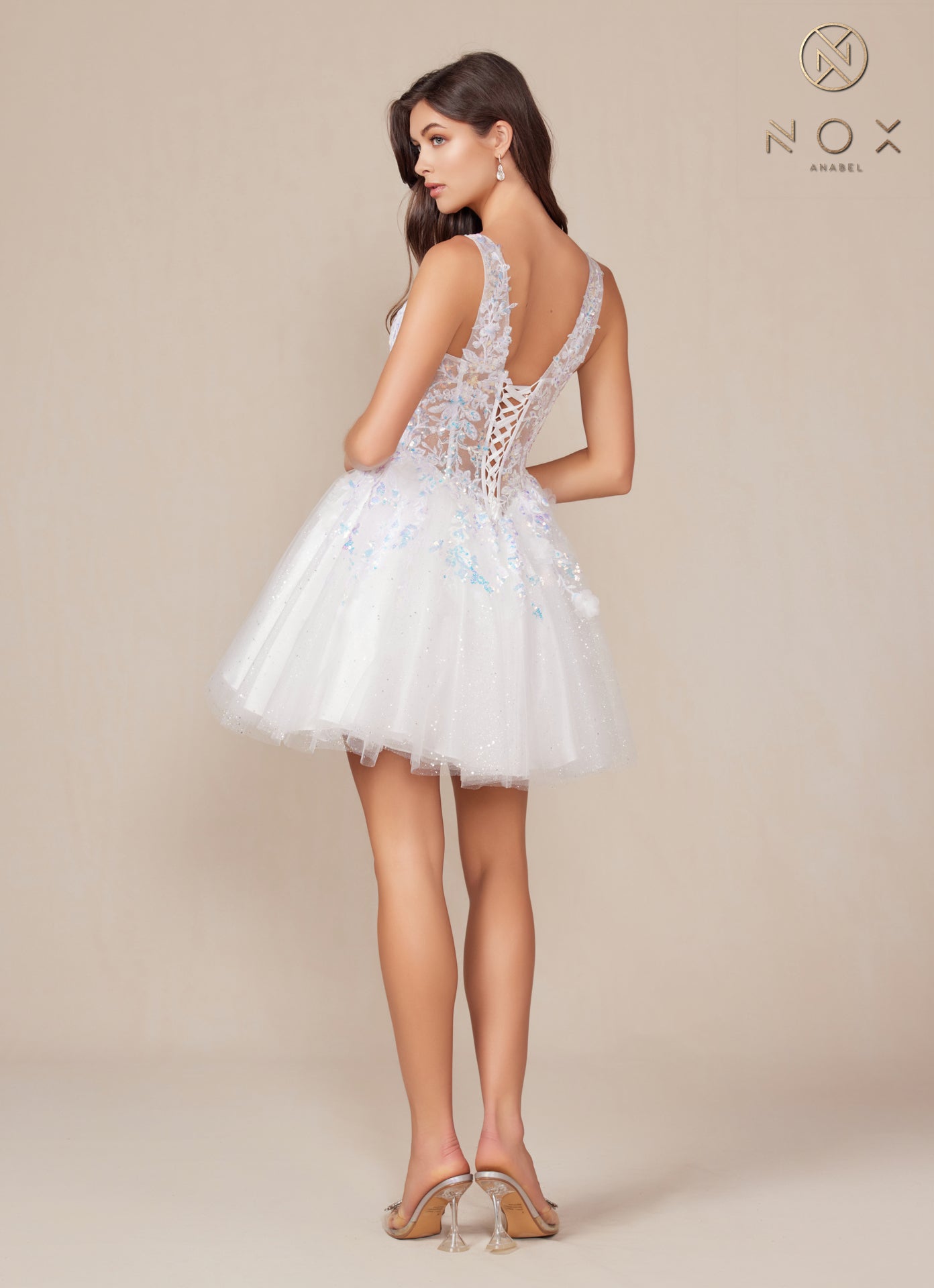 White Glitter Tulle Short Dress | Sleeveless Sparkly Fit and Flare Party Dress