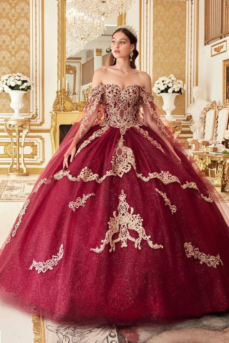 Cinderella Divine 15711 Ladivine Layered Gold Lace Ball Gown Quinceanera Dress, Navy / M