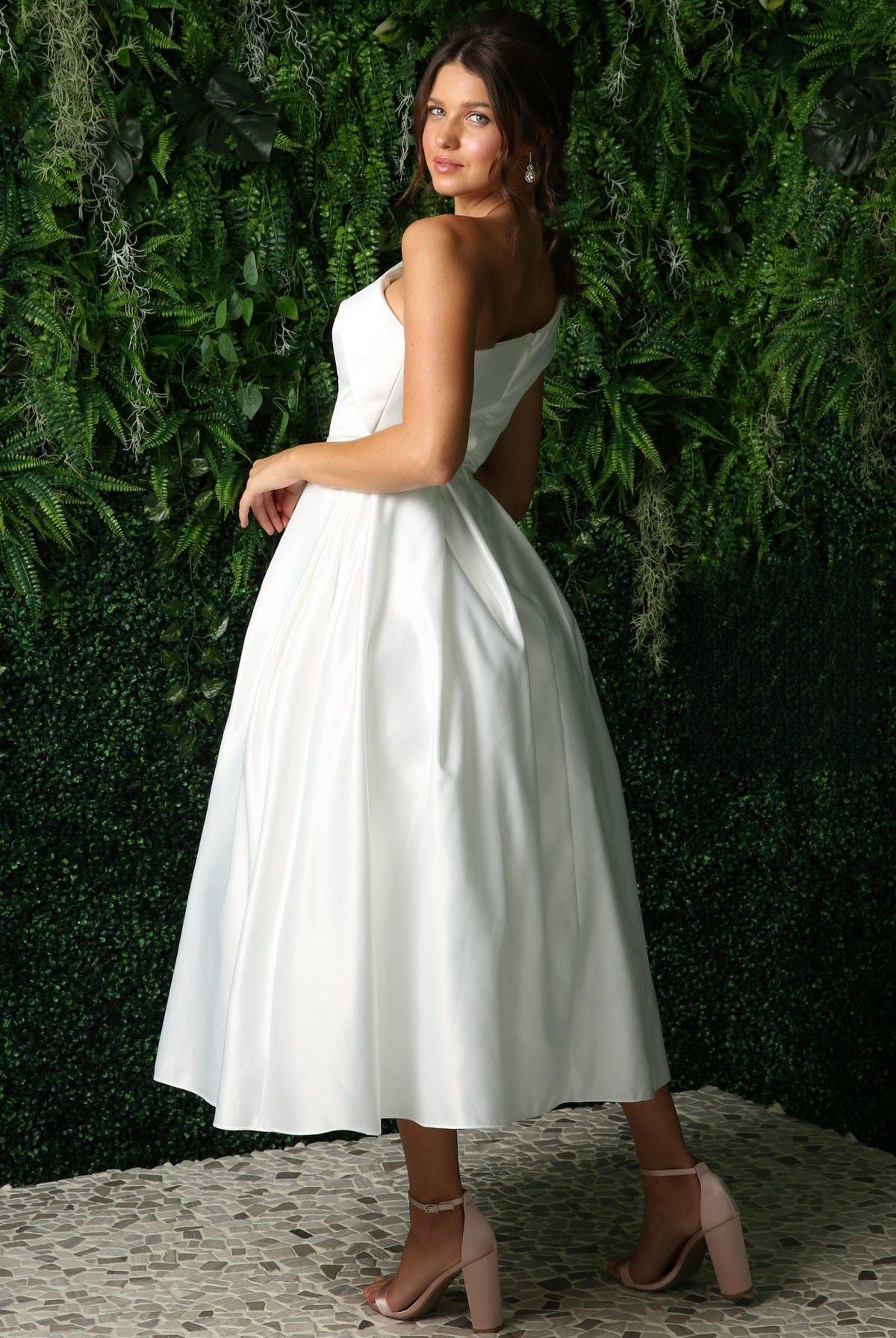 Satin One Shoulder Midi Wedding Dress-smcdress
