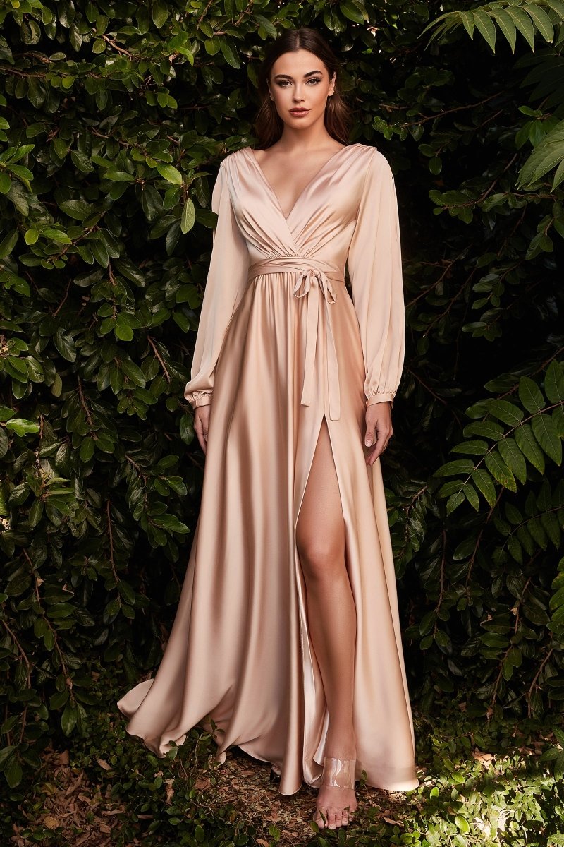 Satin V-Neck dress, Fitted on waist A-Line Skirt with High Leg Slit & Minimalism Style CD7475 | SMCDress Satin V-Neck dress, Fitted on waist A-Line Skirt with High Leg Slit & Minimalism Style CD7475 | SMCDress
