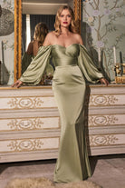 Soft satin dress, long-sleeve, off-shoulder-smcdress