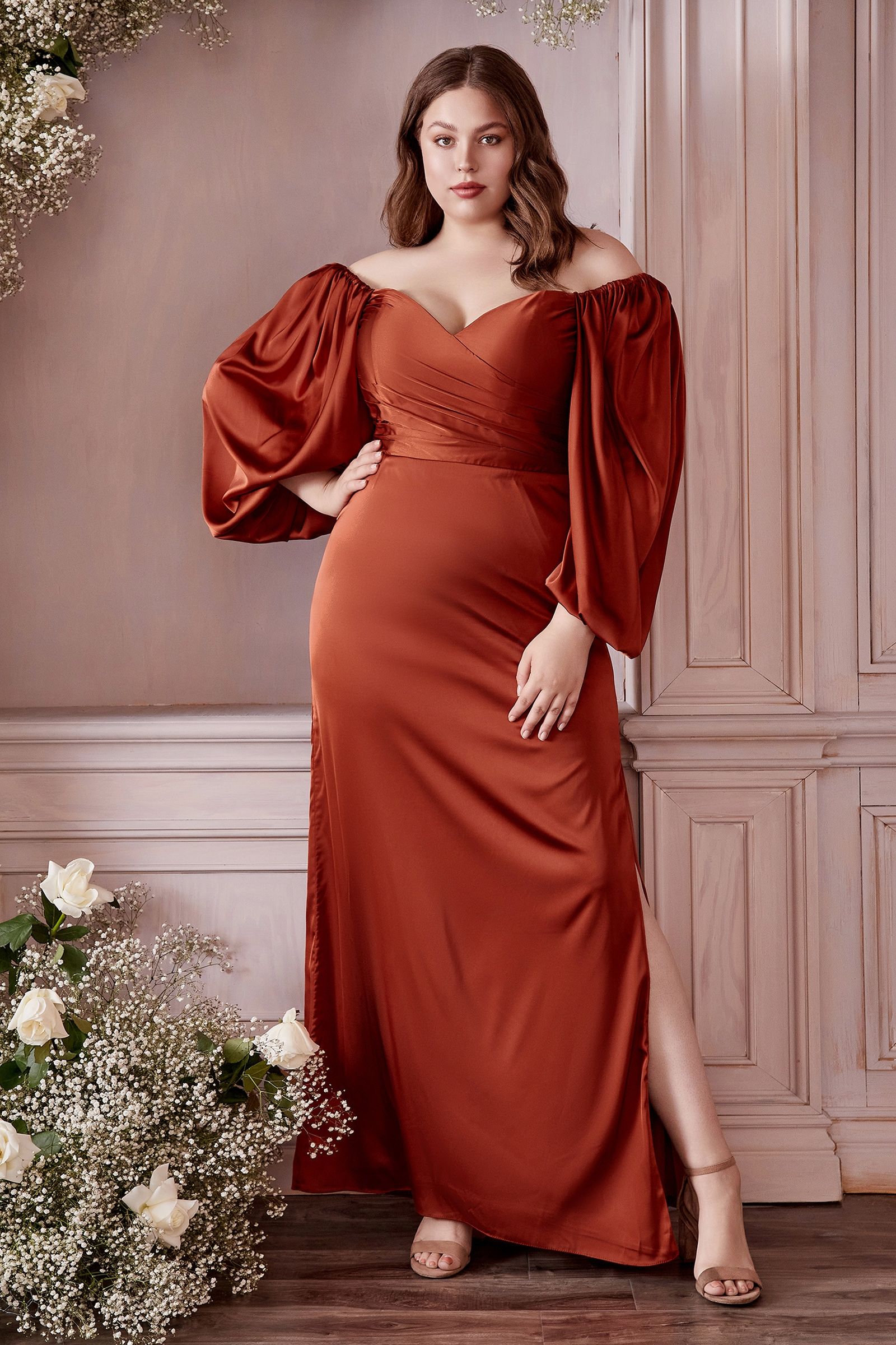 Soft Satin Long Sleeve Curve Dress CD7482C 18 / Mauve Soft Satin Long Sleeve Curve Dress CD7482C 18 / Mauve