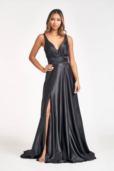 V-Neck Wide Waistband A-Line Satin Long Dress /w Slit - Mask Not Included GLGL2963
