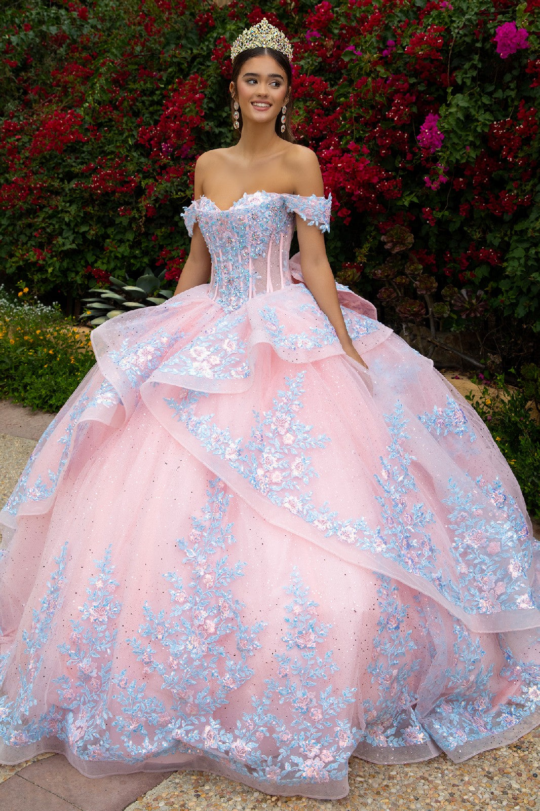 Blush Pink & Blue Off-Shoulder Quinceañera Ball Gown with 3D Floral Embroidery