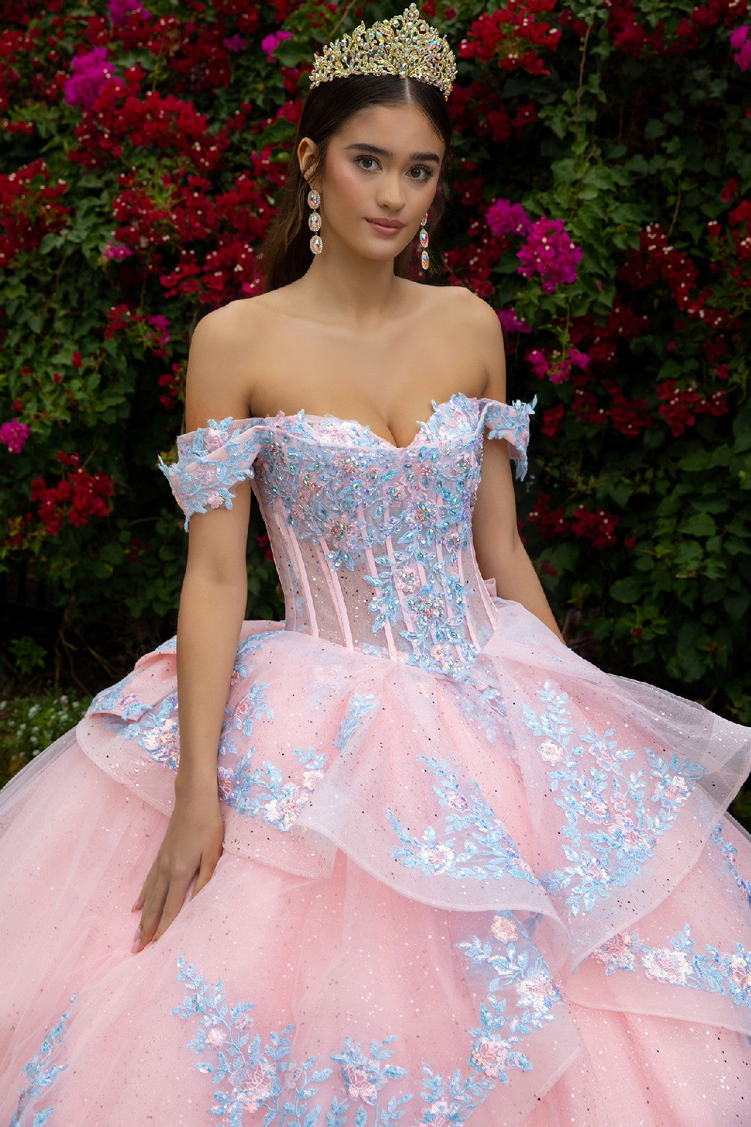 Blush Pink & Blue Off-Shoulder Quinceañera Ball Gown with 3D Floral Embroidery