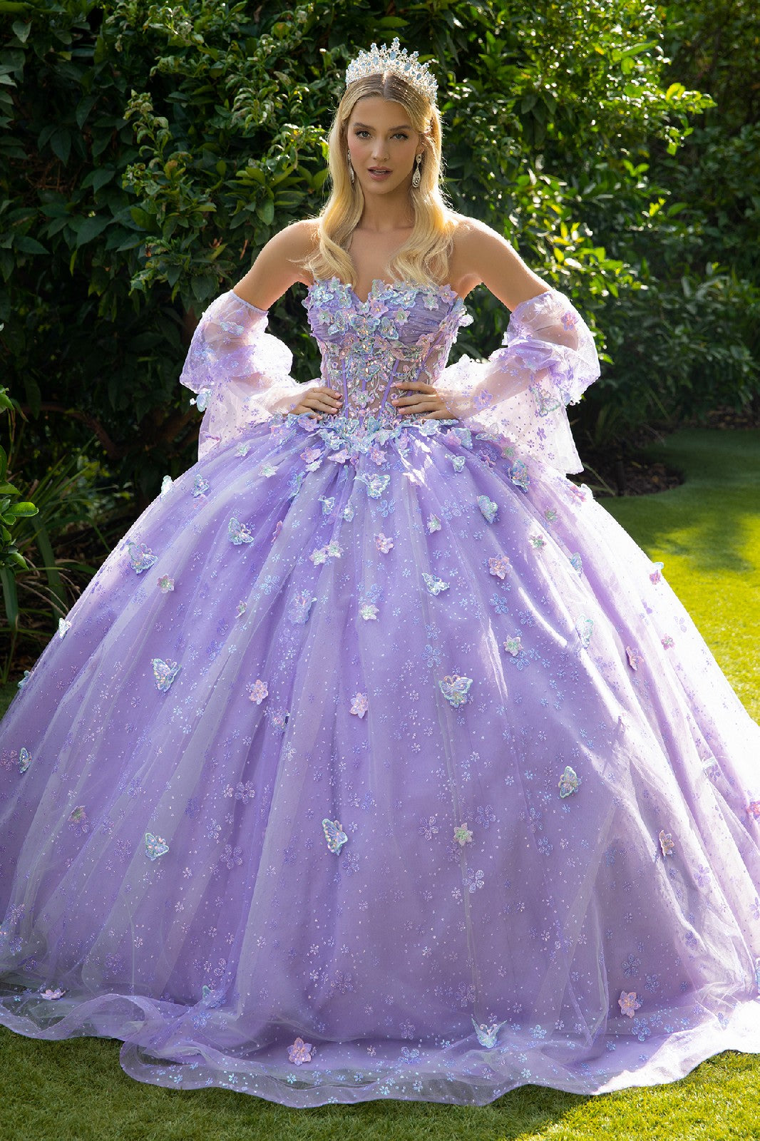 purple dress with butterflies Bliss Lilac Sheer Corseted Bodice Pleated Satin Gown for Women, Sizes XS-3XL Womens L Delicate butterfly appliqus dance across the silhouette Xijun 3D Butterfly Tulle Prom