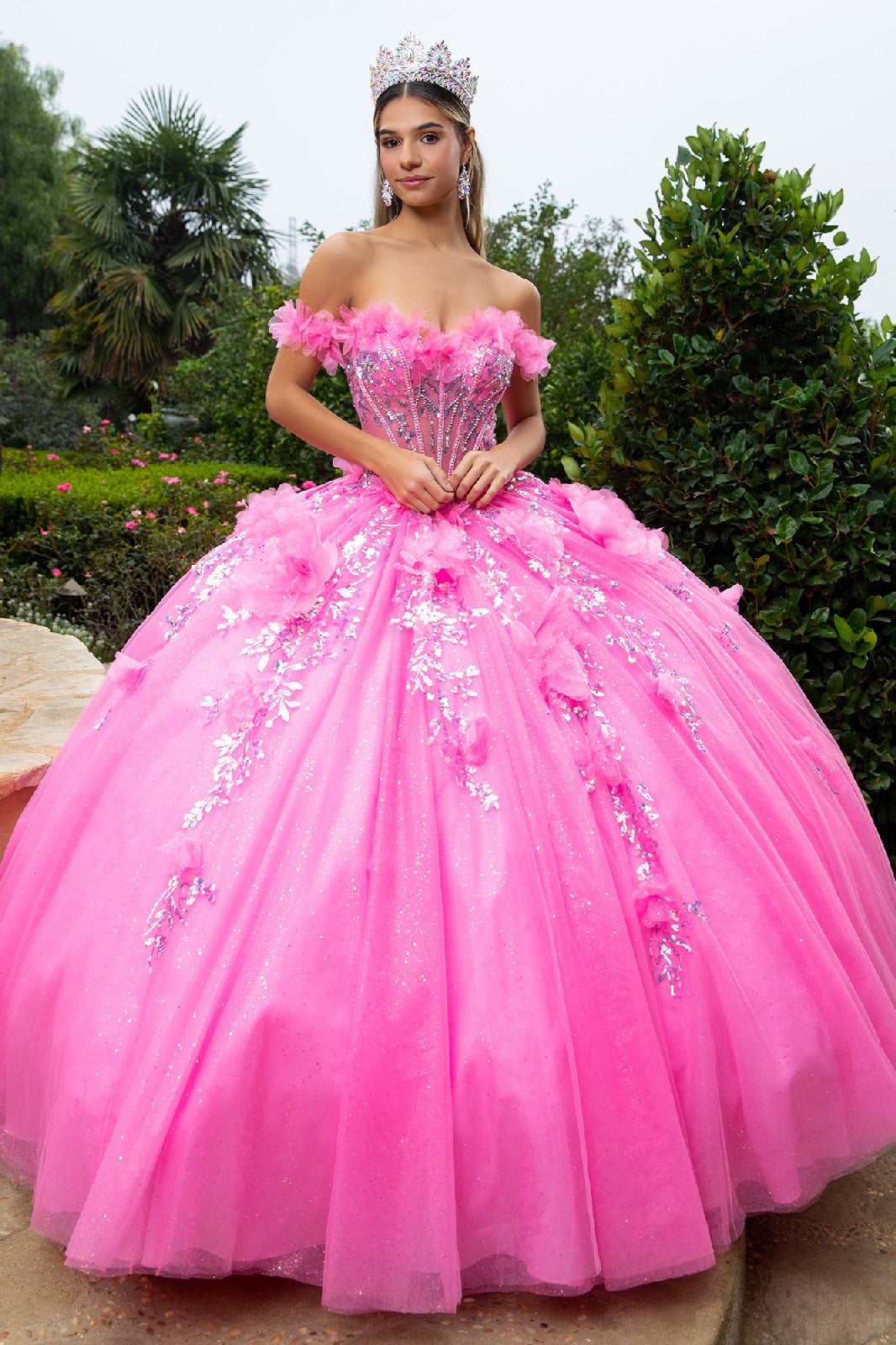 Pink Off-Shoulder Floral Sequin Quinceañera Ball Gown with 3D Appliqué