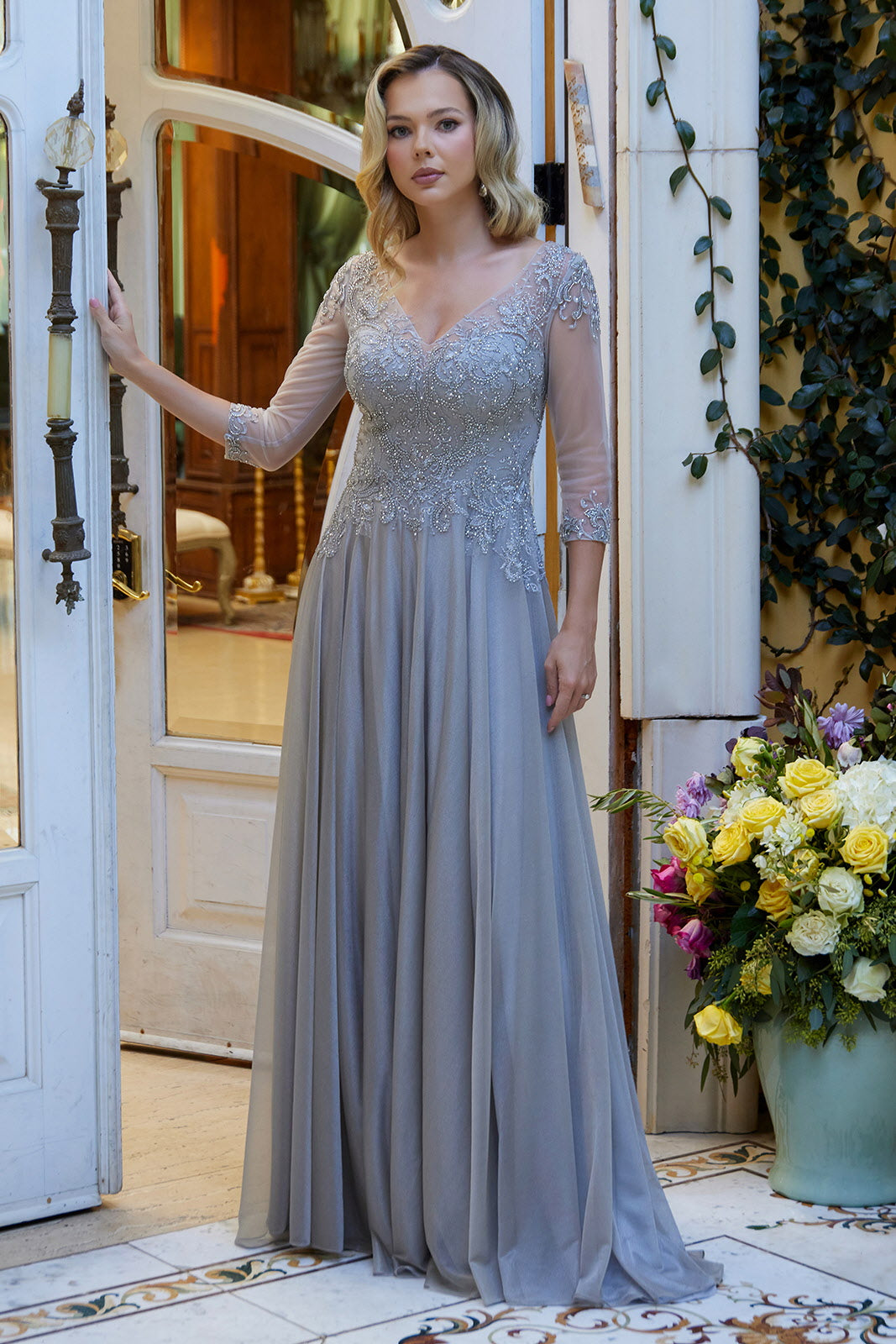 A-Line Evening Gown | Beaded Lace Bodice with 3/4 Sheer Sleeves | Mother of the Bride Dress GL3572